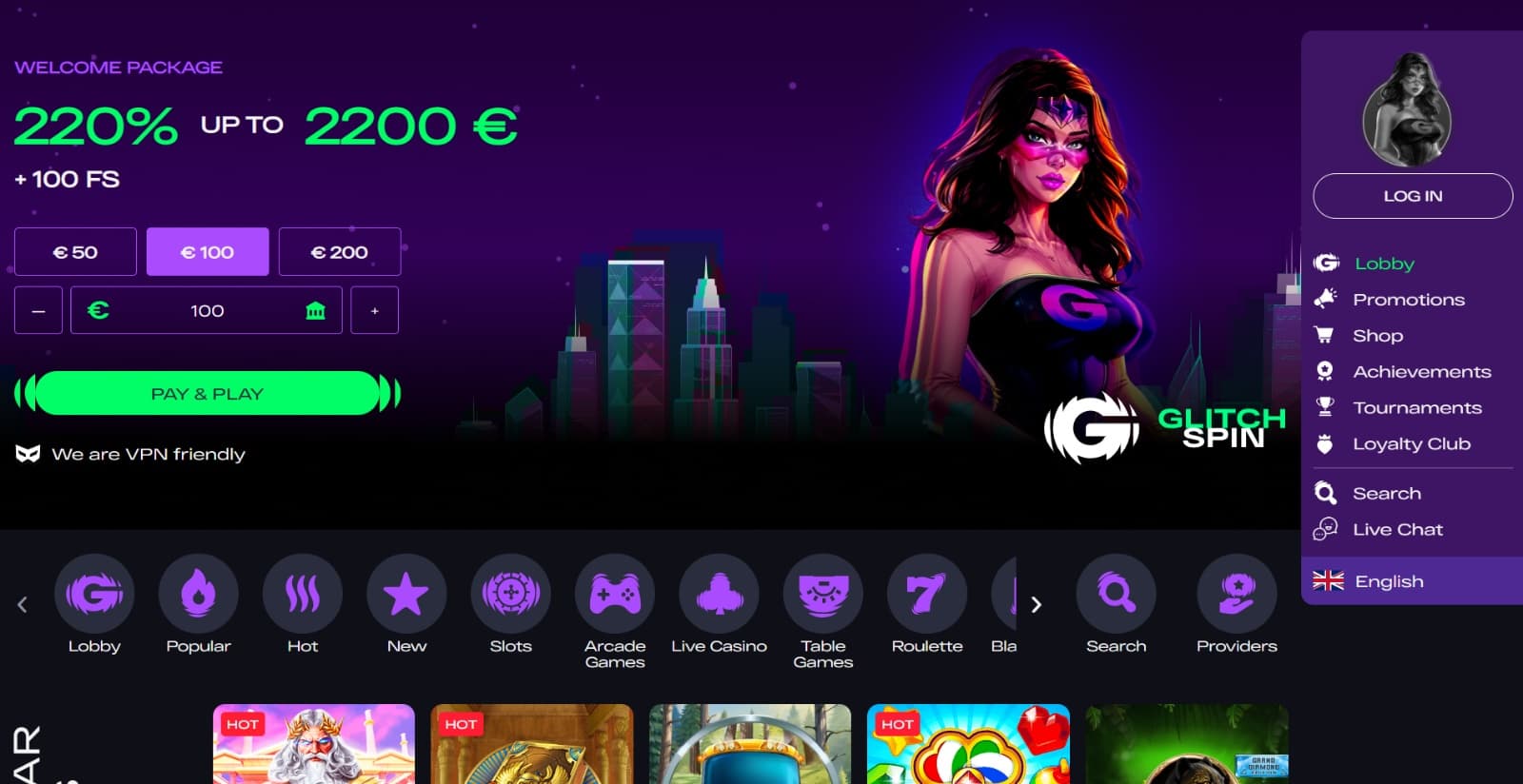GlitchSpin Casino's landing page featuring the 220% up to 2200 euro welcome bonus banner with glitching image of female character over purple and green background
