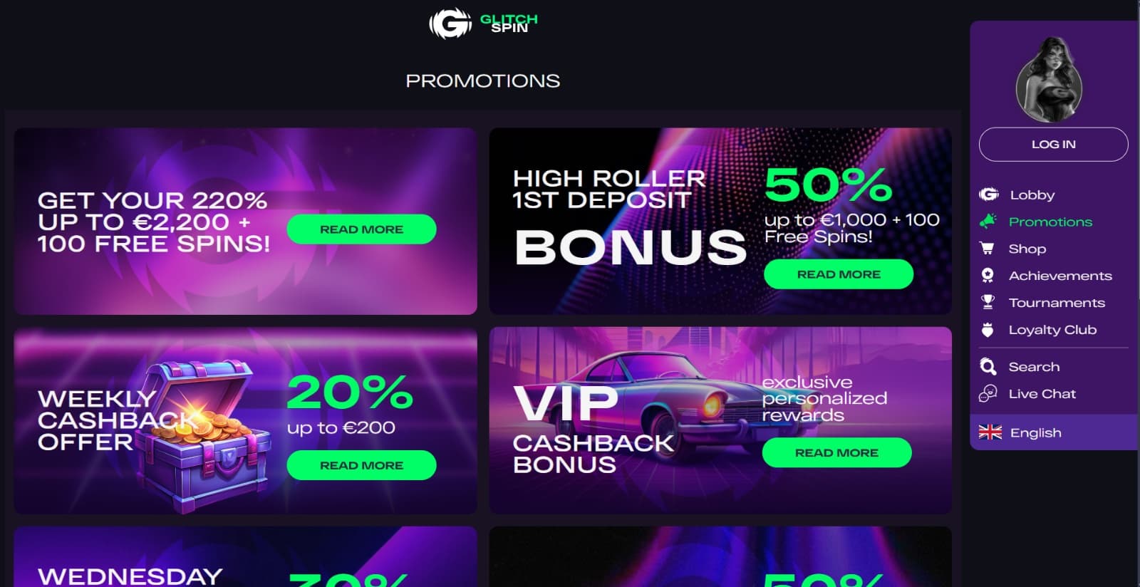 GlitchSpin Casino's promotions page featuring the welcome bonus, VIP bonus, weekly cashback bonus, reload bonus and other promotions with their respective futuristic images