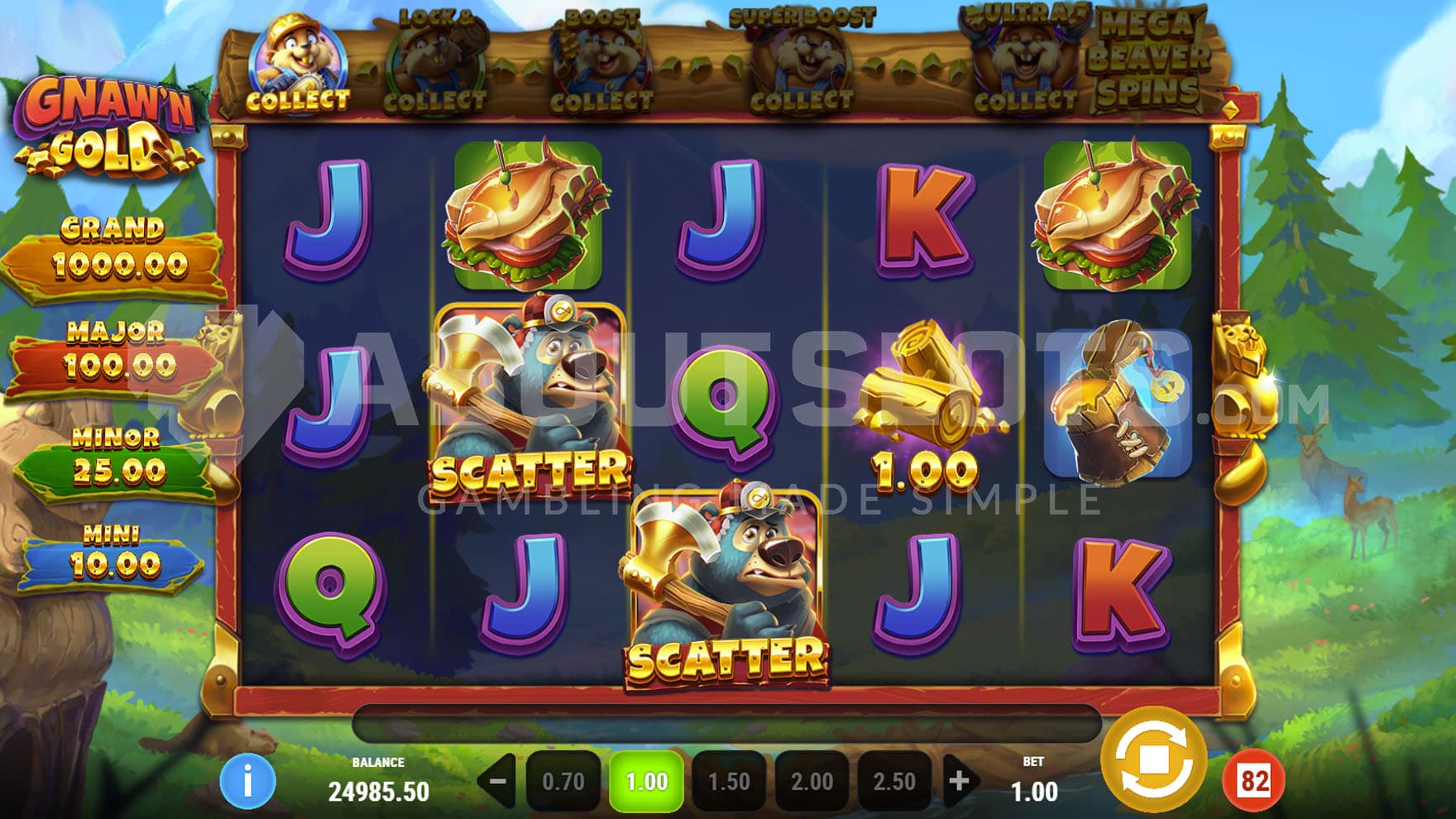 Base Game view of a 5x3 grid on a backdrop of a picturesque cartoon forest.