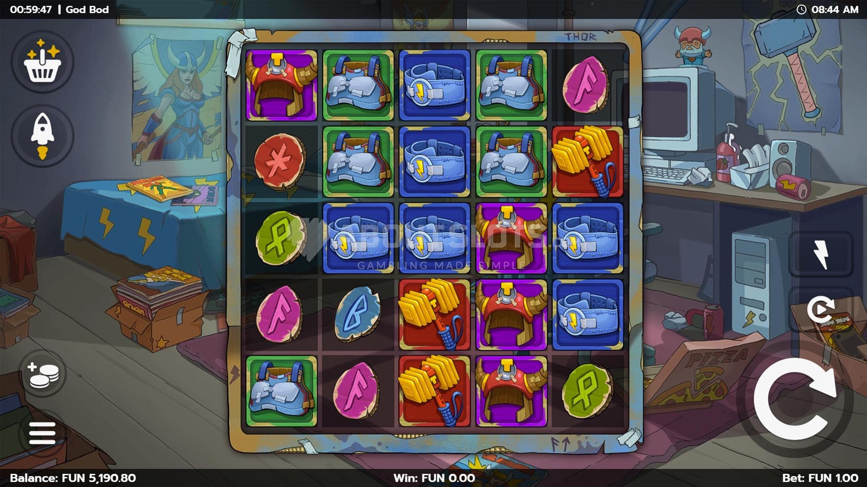 Screenshot of the base game, showing a 5x5 grid on a backdrop of a messy bedroom.