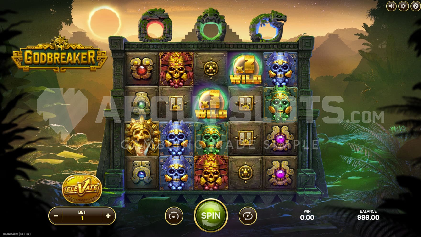 Base Game view of a 5x4 grid on a backdrop of an Aztec jungle.