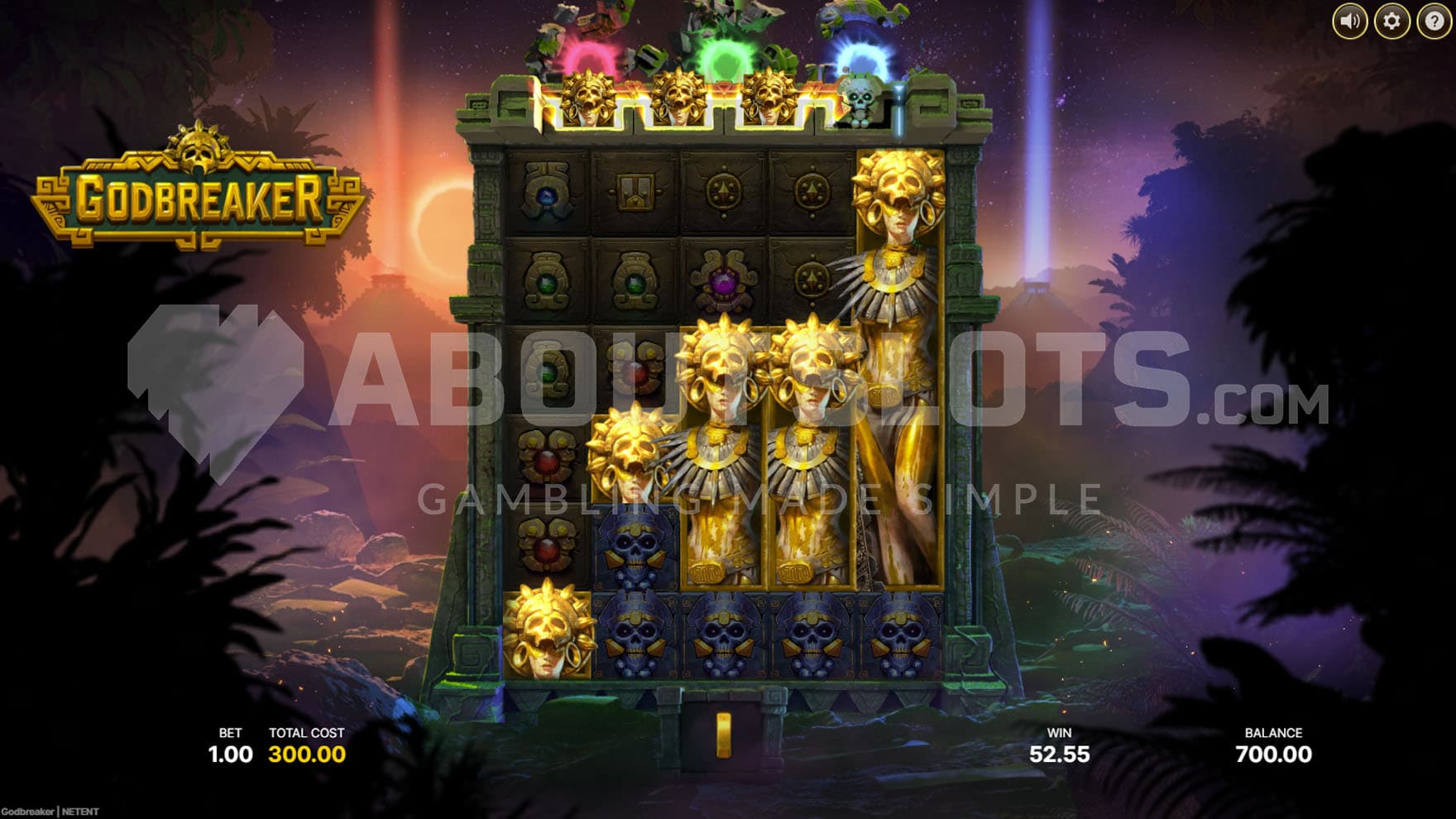 Free Spins bonus in progress, showing a high win scored on the top symbols on all five reels.