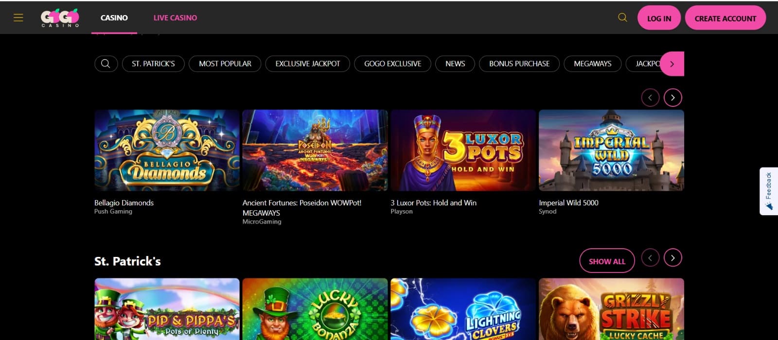 GoGo Casino games page with progressive jackpots and video slots