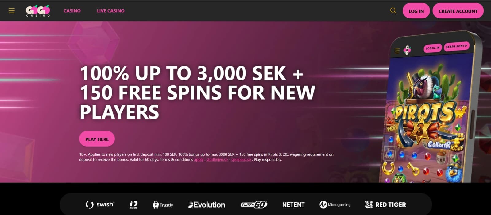 GoGo Casino landing page with welcome bonus banner with Pirots 3 slot on pink background