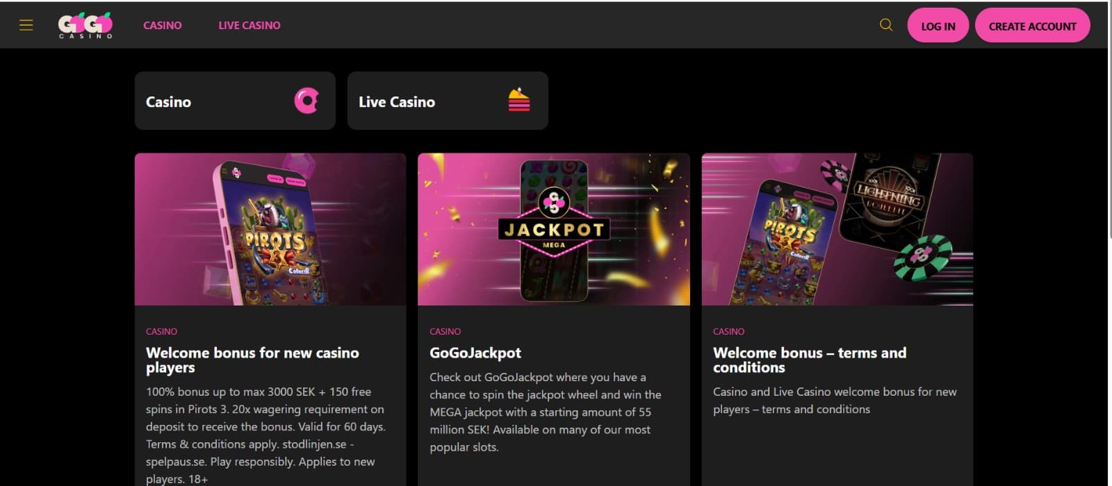 GoGo Casino promotions page with 100% welcome bonus of 3000 SEK