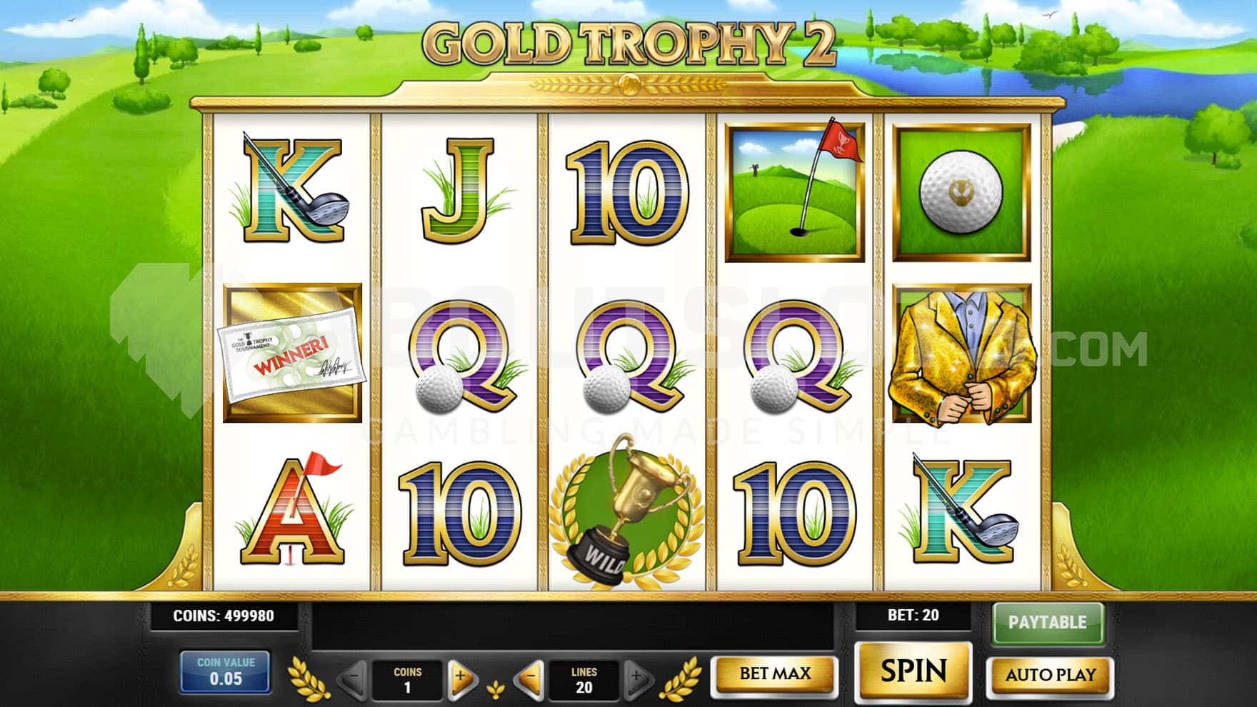 Base Game view of a 5x3 grid on a backdrop of a golf course covered with green grass.