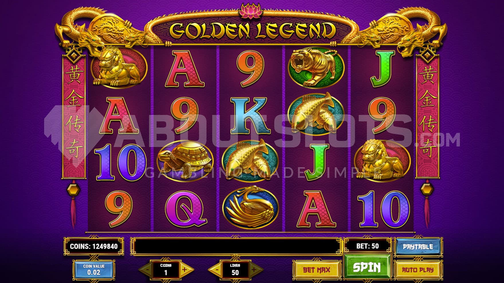 Base Game view of a 5x4 grid filled with Asian-themed symbols on a purple background.