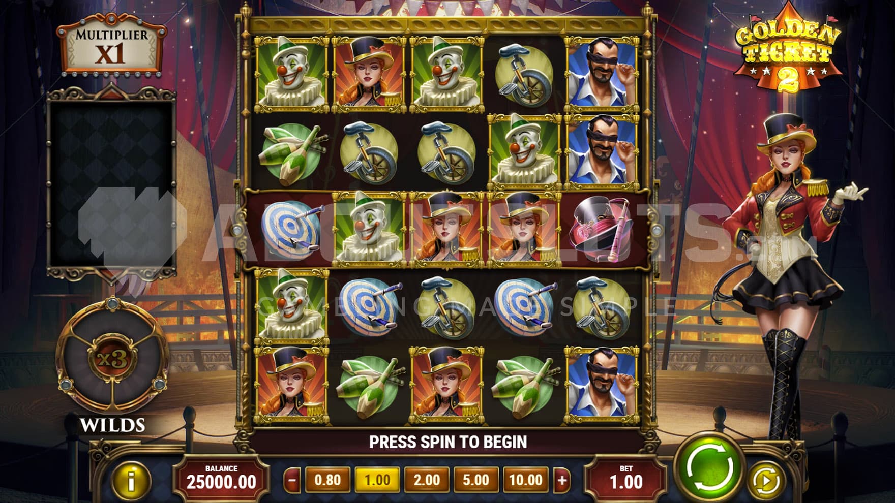 Base Game view of a 5x5 grid on a backdrop of a circus arena.