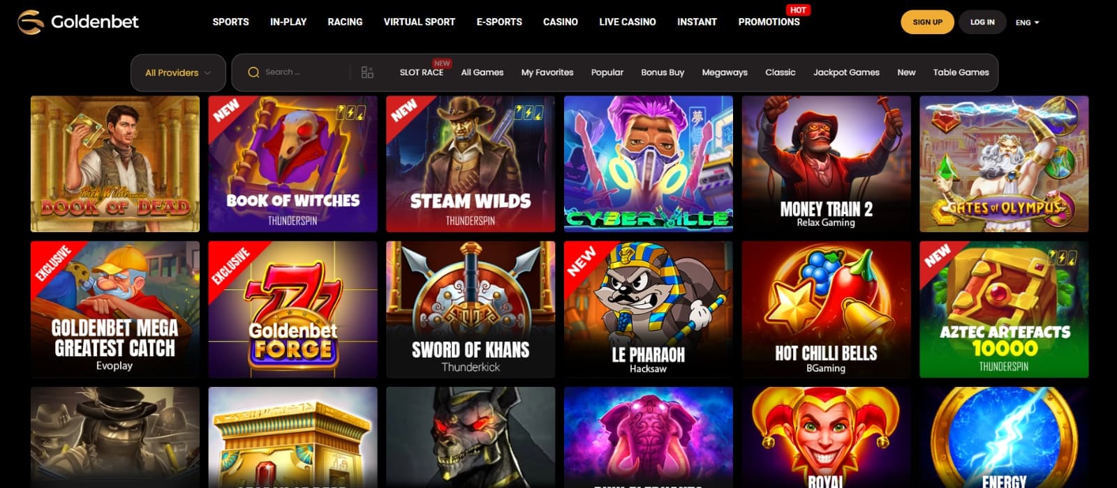 Goldenbet Casino games page with animations of popular titles of slots like Book of Ra and gates of Olympus