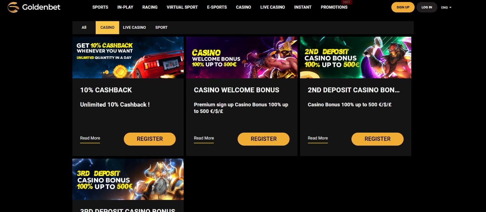 Goldenbet Casino  promotions page with casino welcome bonus and cashback with warrior swinging weapons in banners