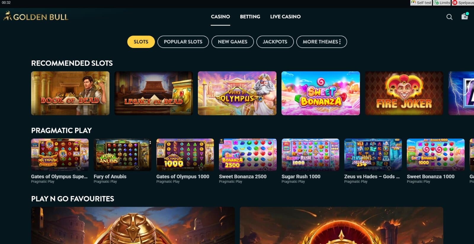 Golden Bull Casino games page featuring the recommended slots section, featured provider sections and main category buttons for casino, live and jackpots