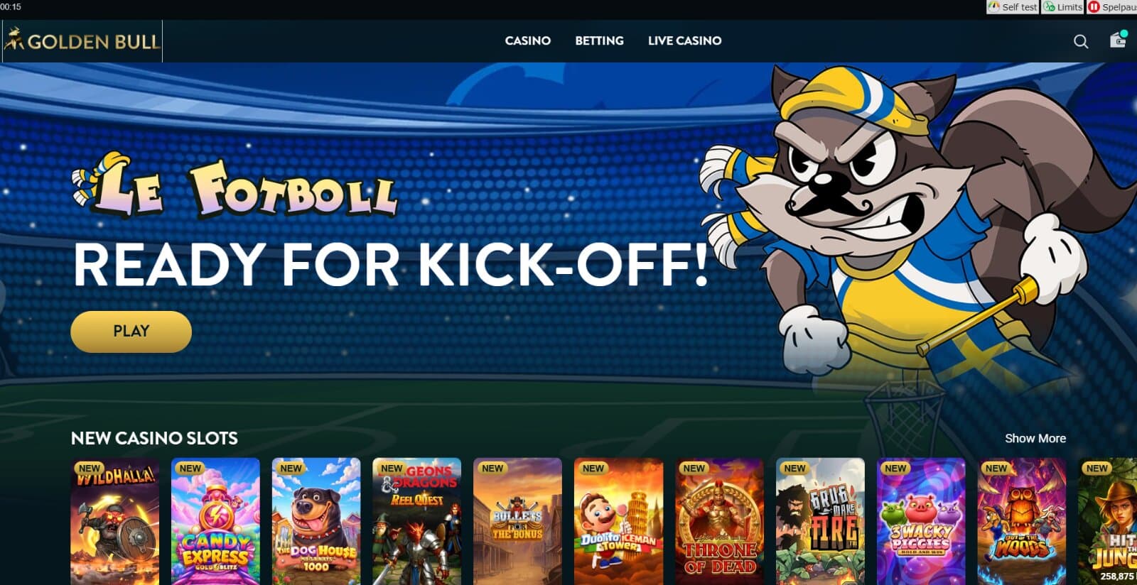 Golden Bull Casino's landing page featuring the Le FotBoll slot promotional banner, new casino slots section and top menu for casino and live lobbies   