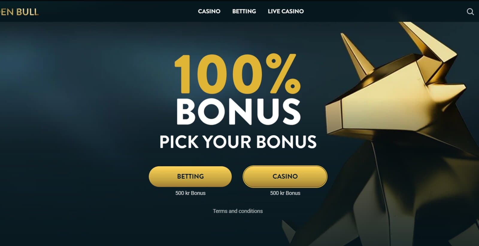 Golden Bull Casino's bonus page with the sports and casino welcome offers of 100% up to SEK 500  over image of golden bull 