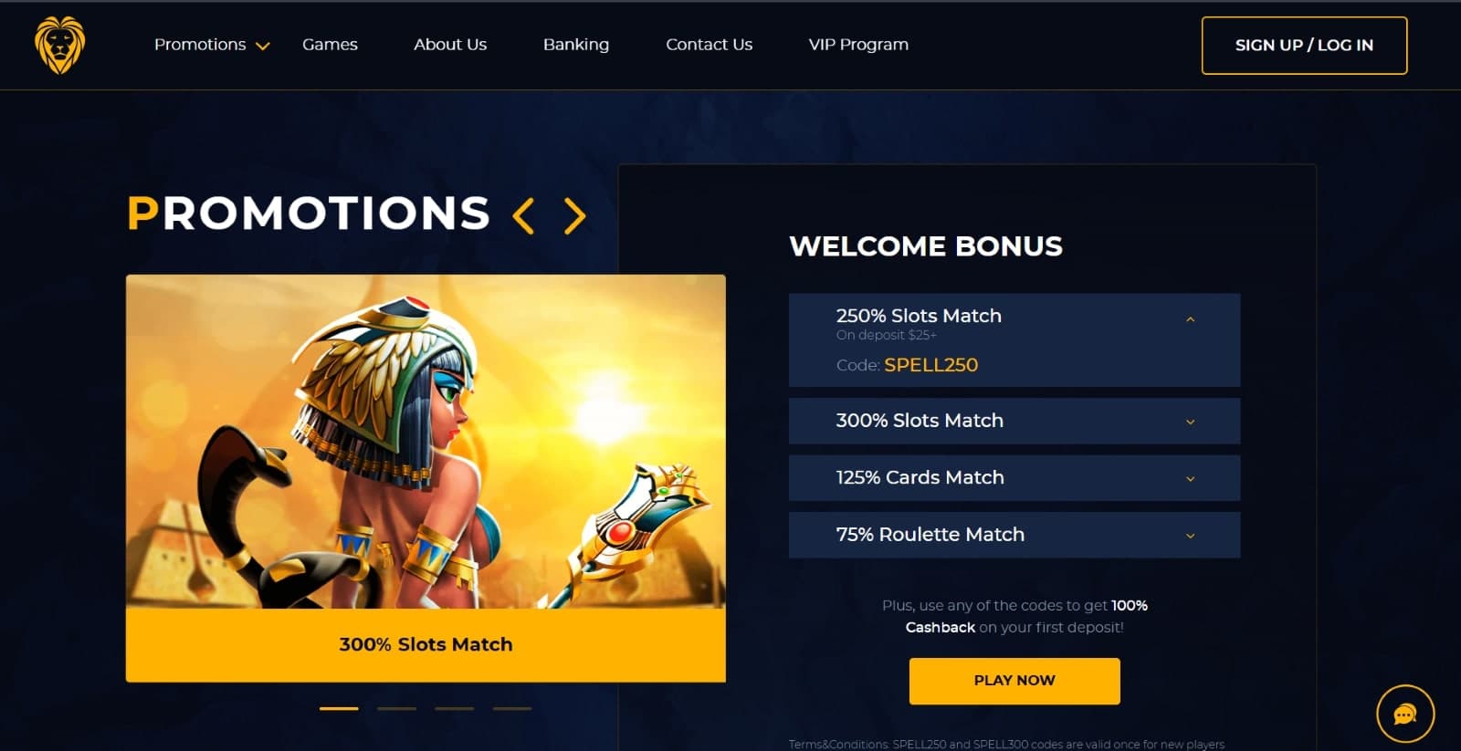 Golden Lion Casino promotions page featuring the welcome bonuses for slots, card and roulette games