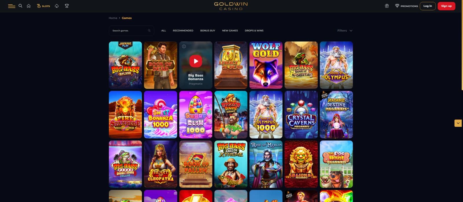 Goldwin Casino games page showing a selection of different slot games