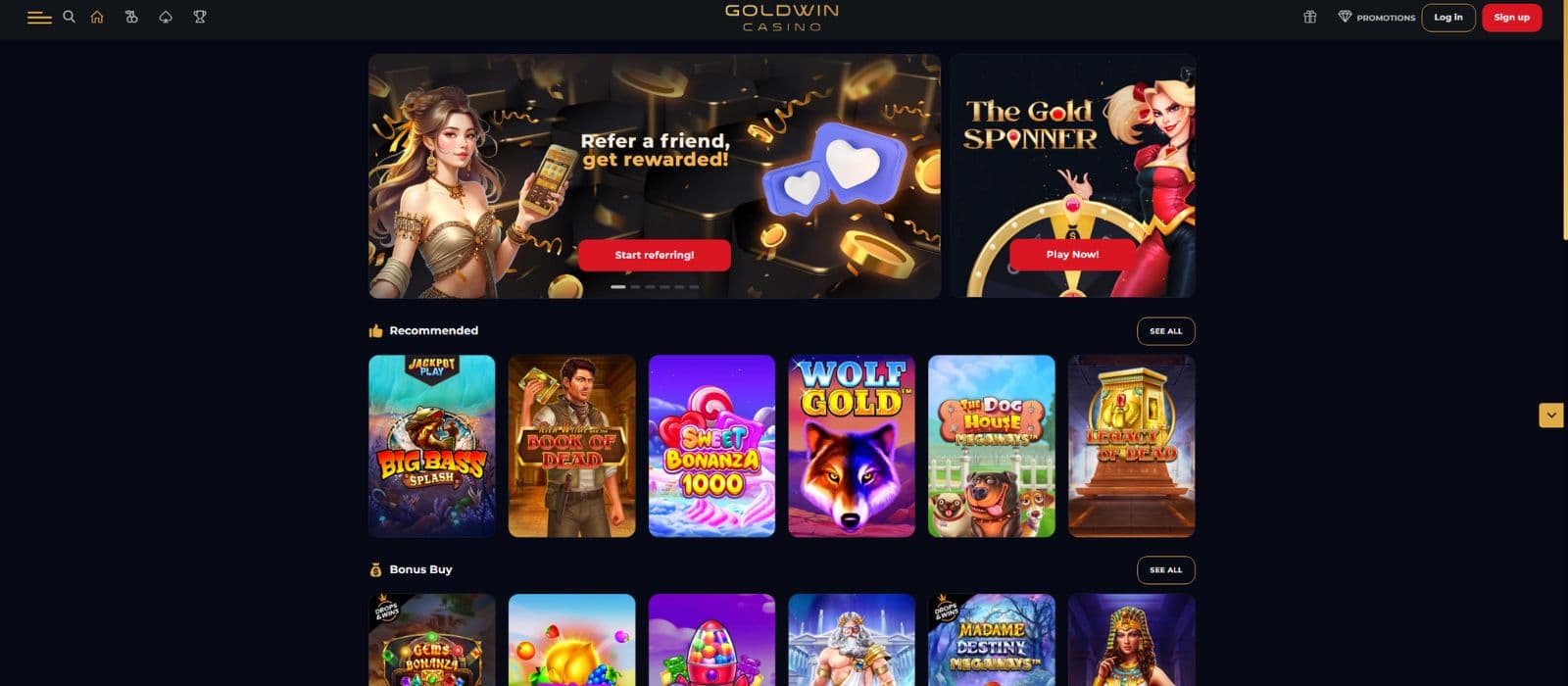 Goldwin Casino landing page showing a selection of casino games and bonus banners