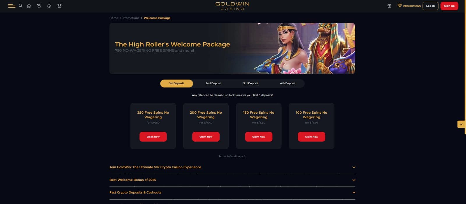 Goldwin Casino promotions page, showing the available welcome deposit bonuses