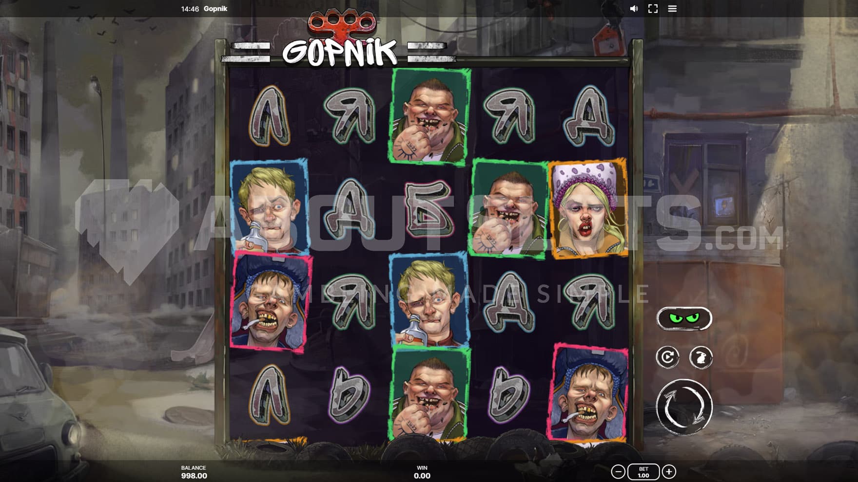 Base Game view of a 5x4 grid on a backdrop of a gloomy, run-down neighborhood.