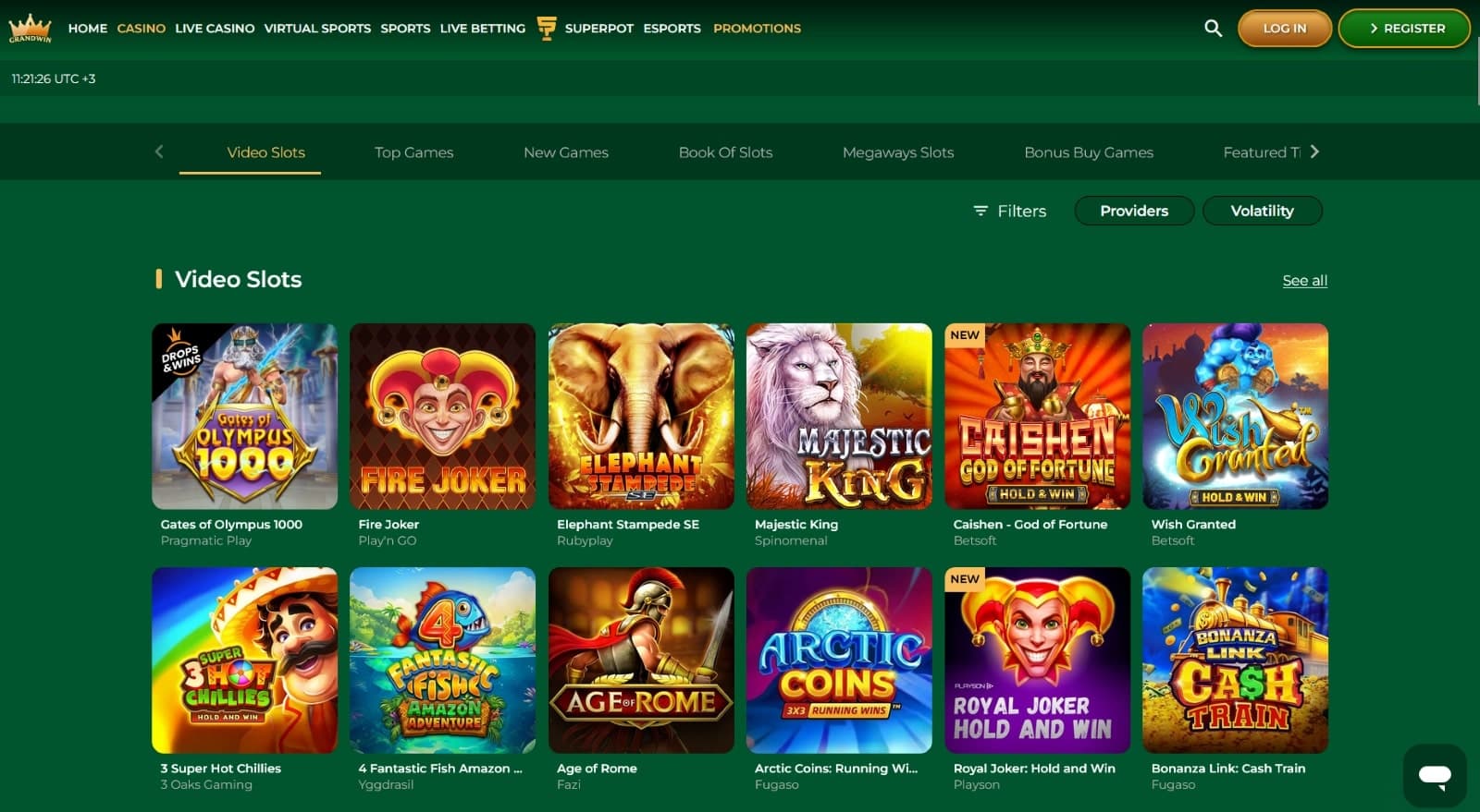 GrandWin Casino games page featuring the latest video slots such as Gates of Olympus 1000 and Fire Joker