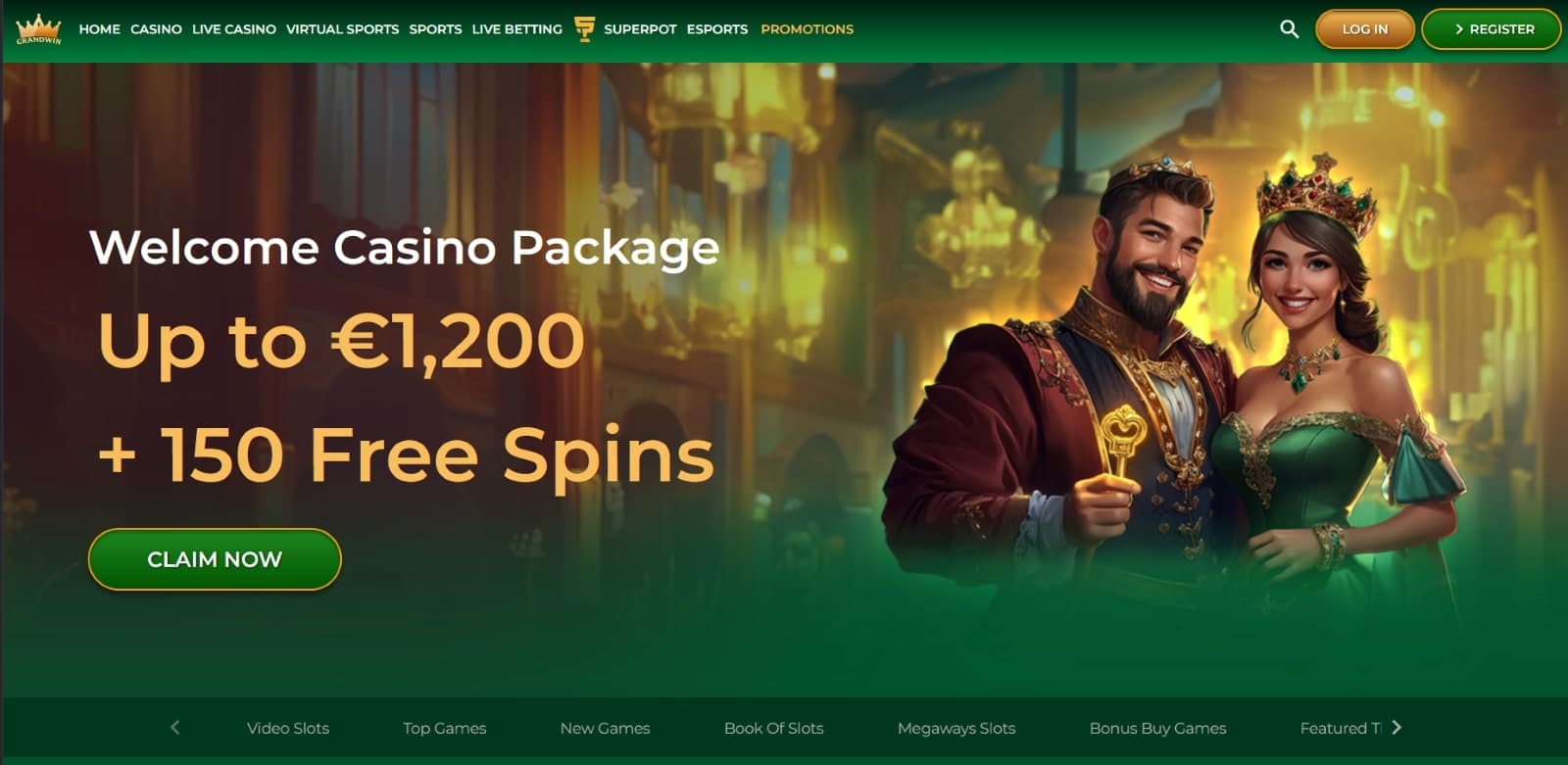 GrandWin casino landing page featuring the welcome package of 1200 eur and 150 free spins over banner with king and queen characters