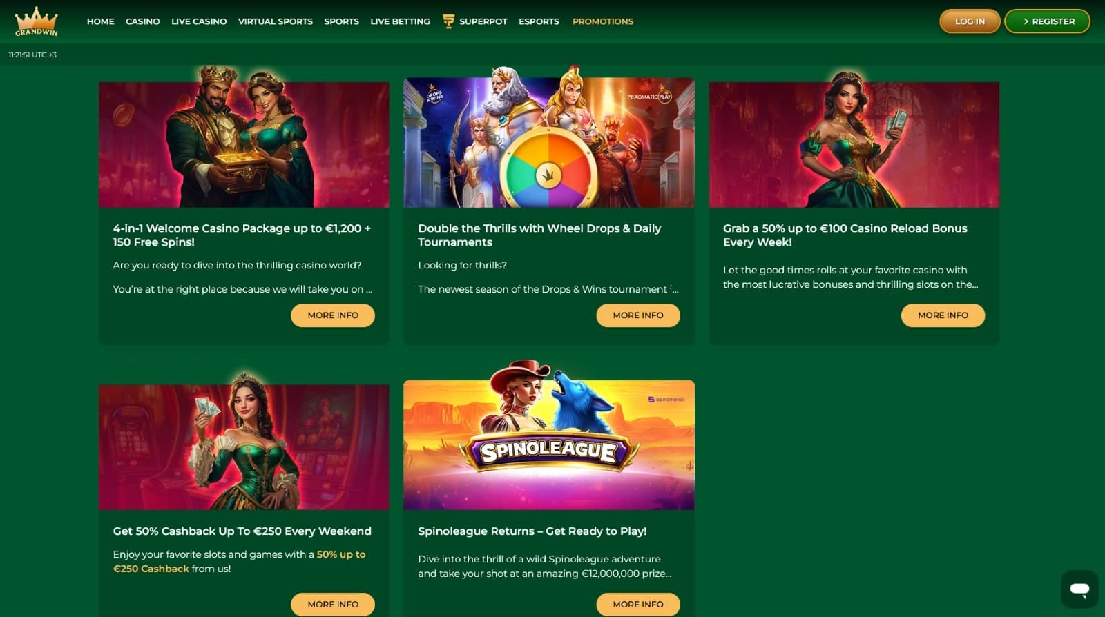 GrandWin Casino promotions page with 4 in 1 welcome bonus, wheel prizes, reload and cashback bonuses