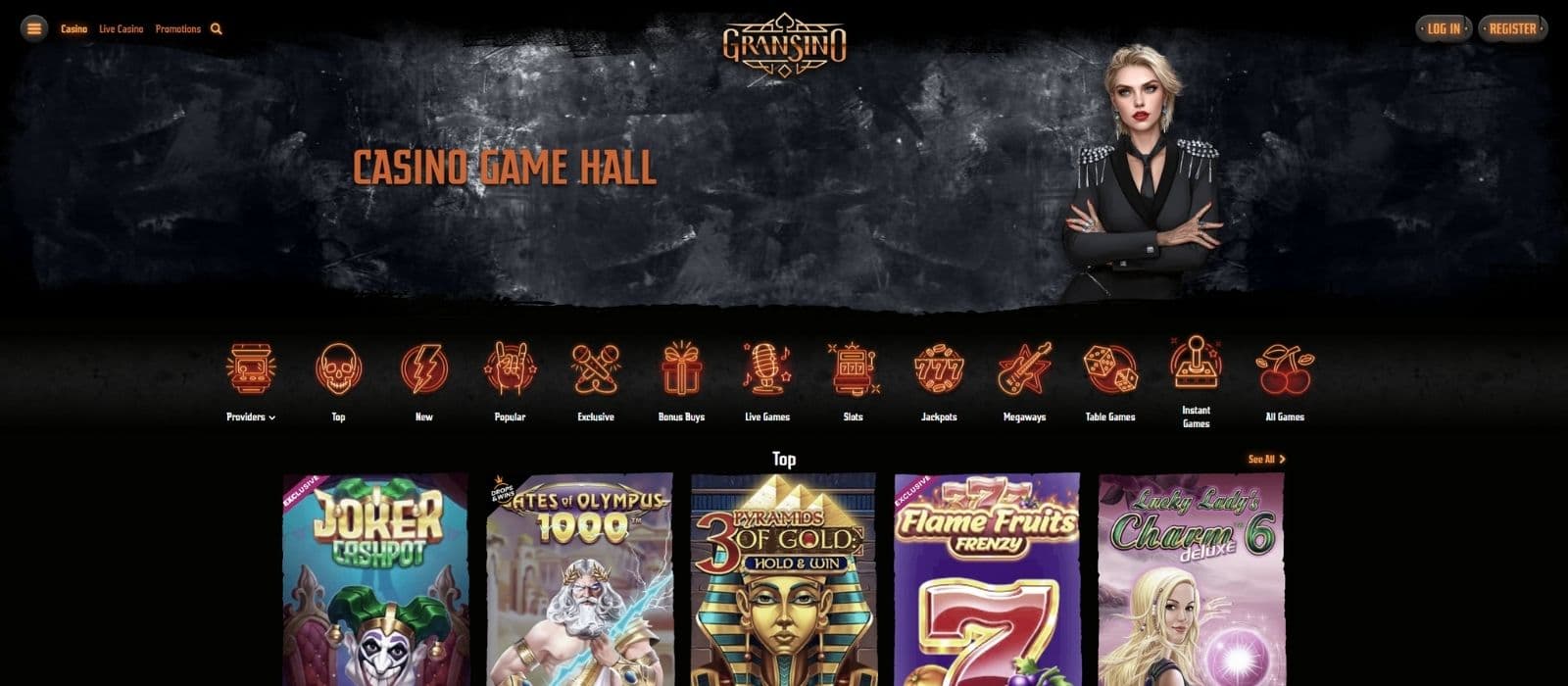 The Gransino Casino games page shows the top slots and various game categories. 