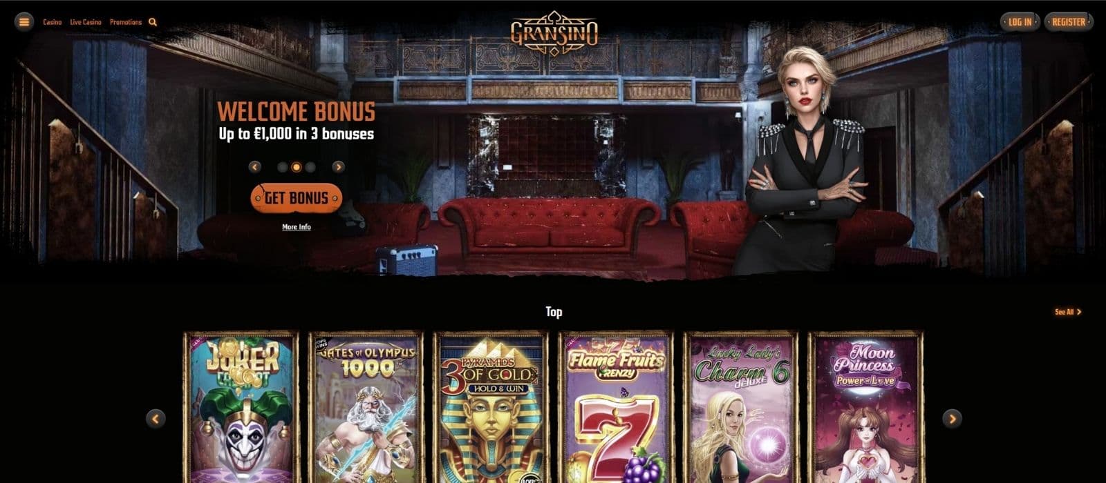 The Gransino Casino landing page with the top slots and the casino welcome bonus offer are visible.