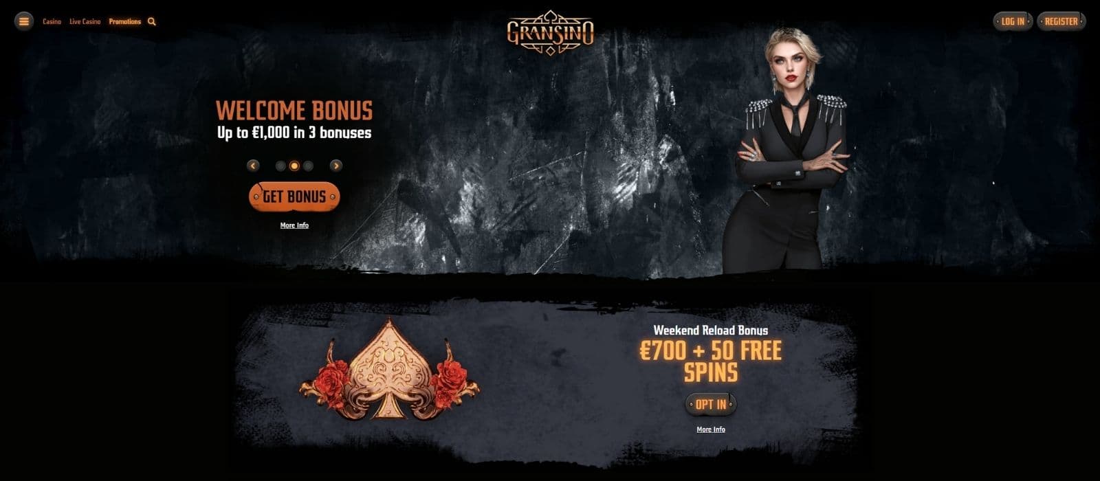 Gransino Casino promotion page showing the casino welcome offers and other available promotions. 