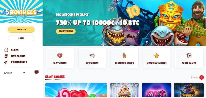 5Bonuses Casino's homepage, showing the welcome bonus worth 10,000 or 10BTC.