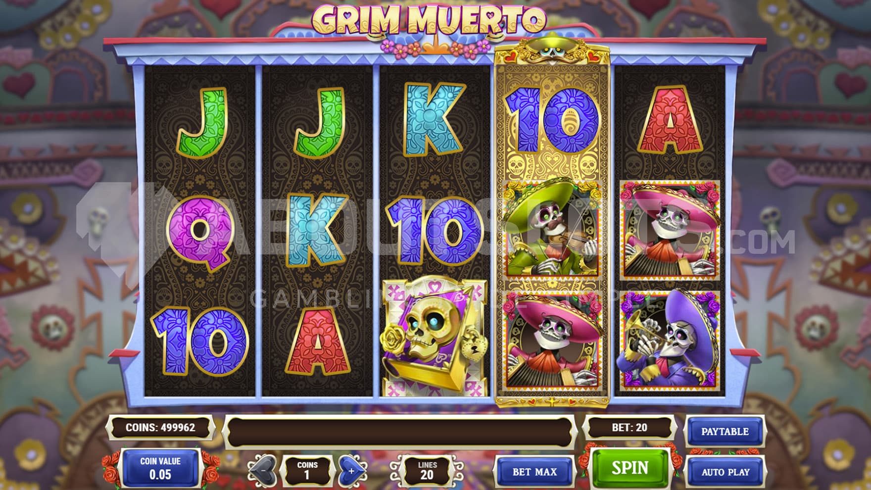 Base Game view of a 5x3 grid on a colorful background adorned with Mexican motifs.