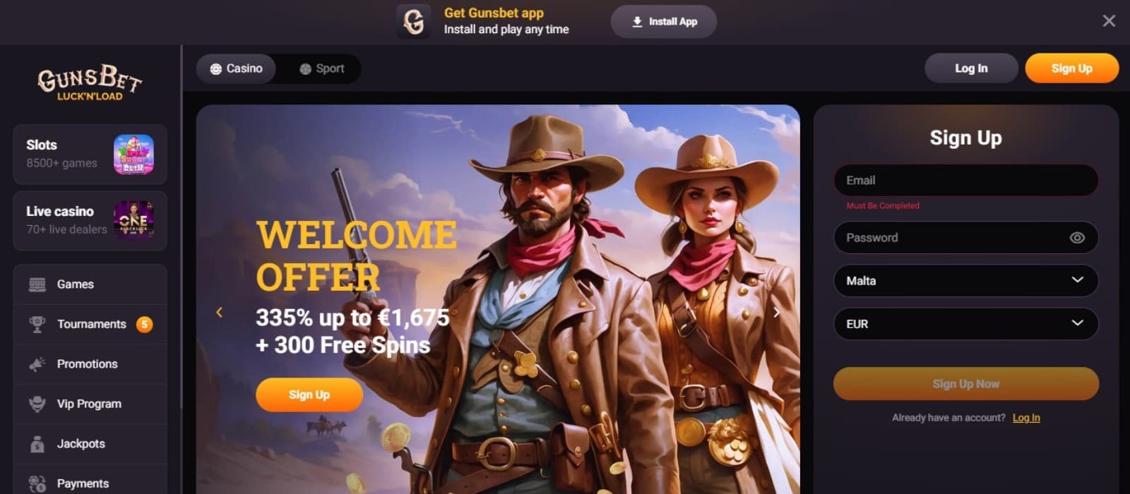 GunsBet Casino's homepage, showing the welcome bonus package against a background of cowboy game avatars.