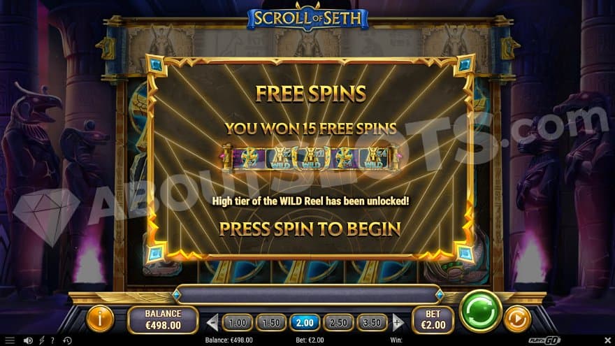 A screen congratulating a win of 15 free spins.