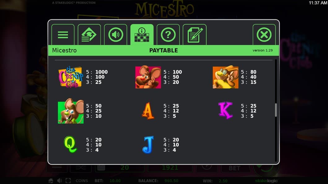 Micestro slot Paytable
