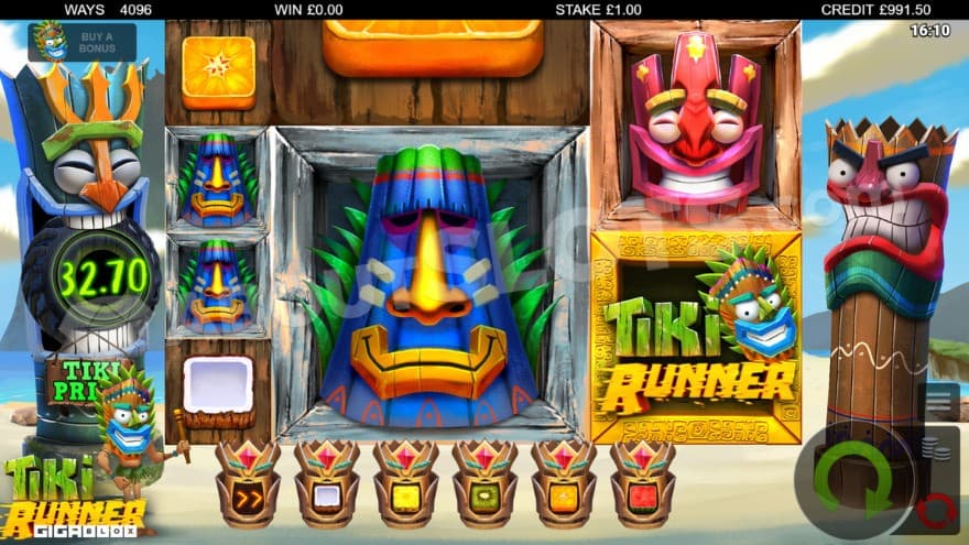 Base game with a 3X3 tiki symbol on the middle reels.