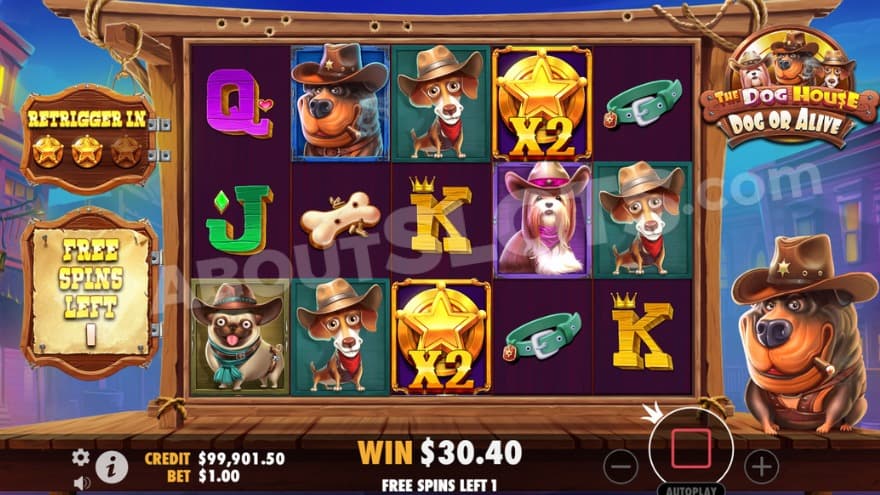 Free Spins bonus game with two sticky multiplier wilds on the reels.