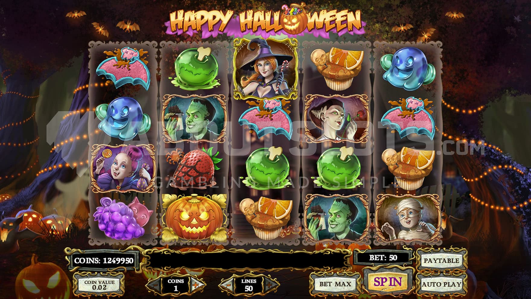 Base Game view of a 5x4 grid populated with halloween-themed symbols on a backdrop of a dark forest.