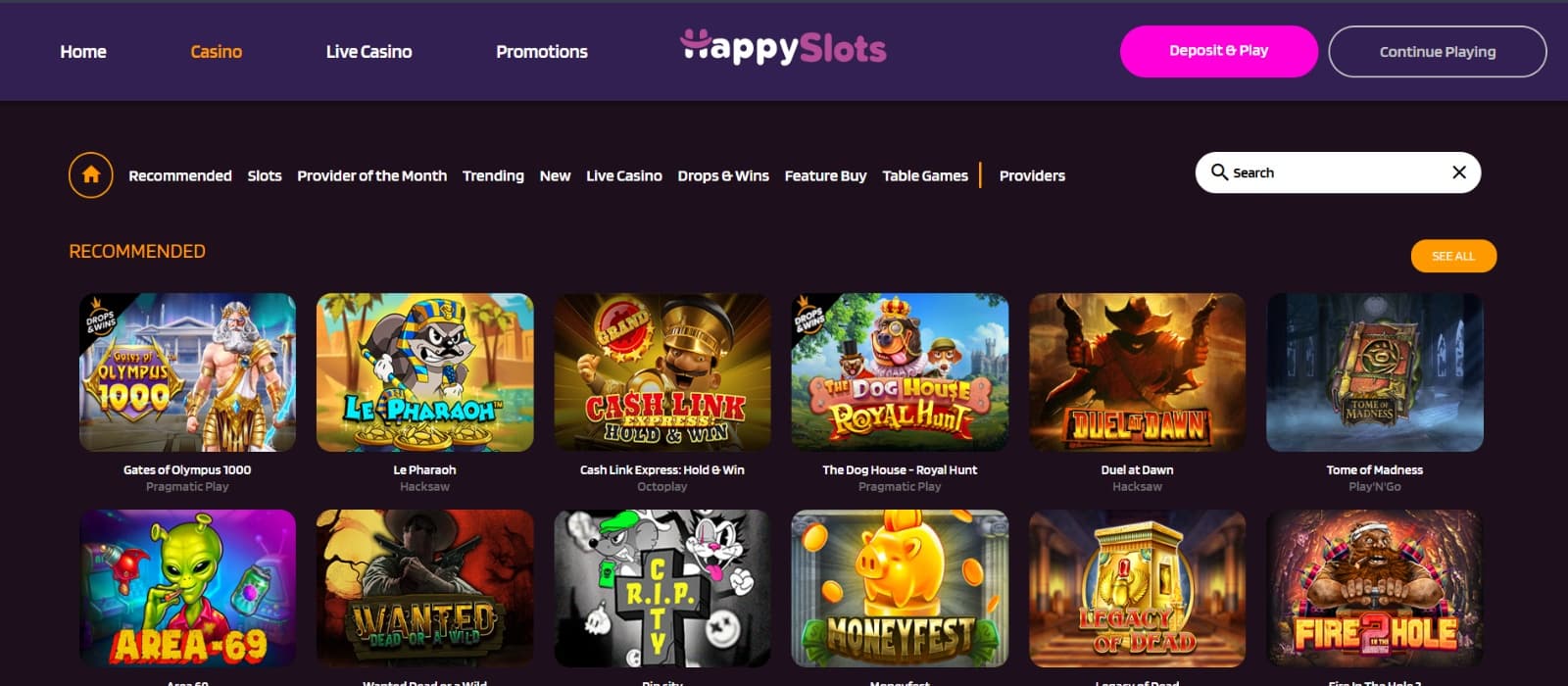 HappySlots Casino's slots section, showing games such as Sweet Bonanza, Gates of Olympus, and others.