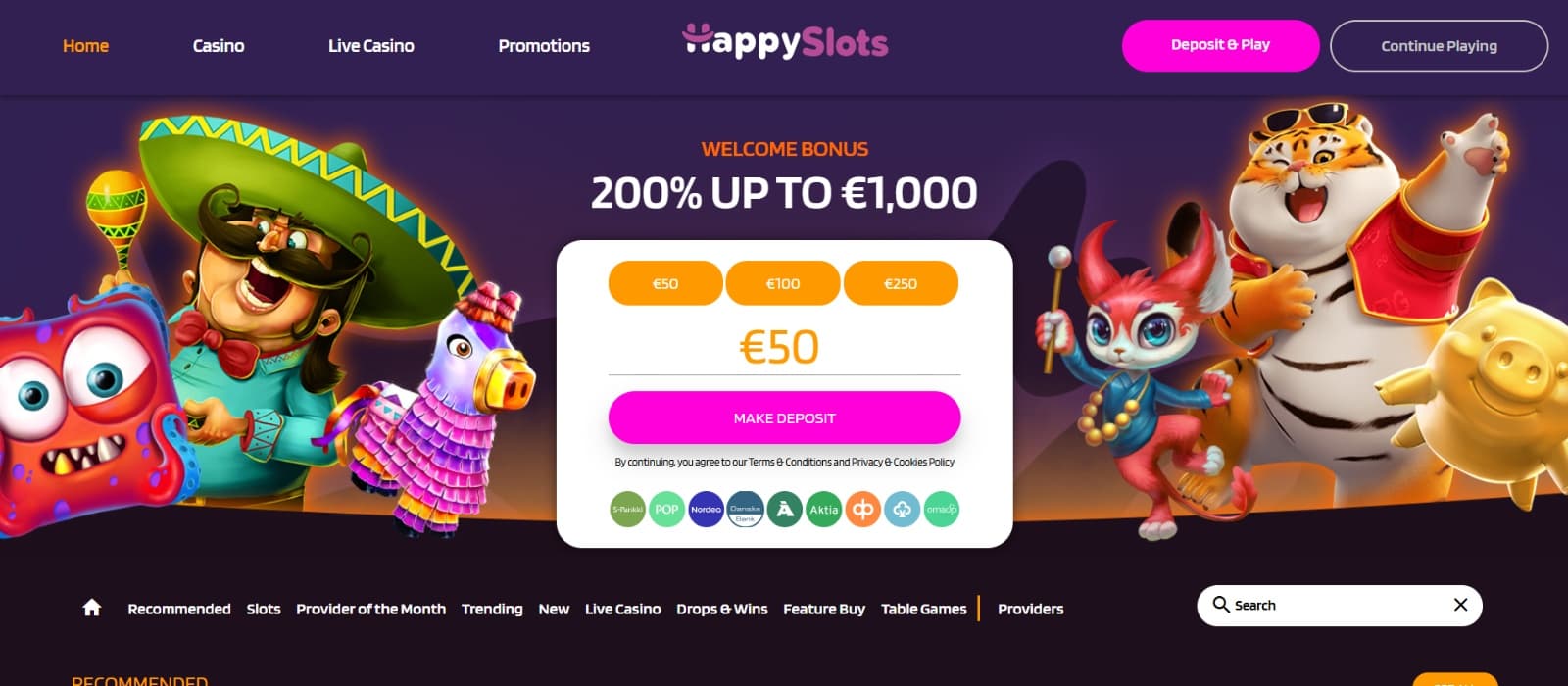 HappySlots Casino's homepage, showing the welcome bonus banner of 200% up to €1,000. 