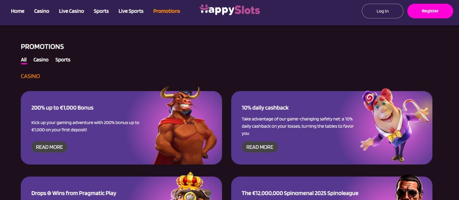 HappySlots Casino's promotions page, showing the welcome bonus and 10% daily cashback bonus