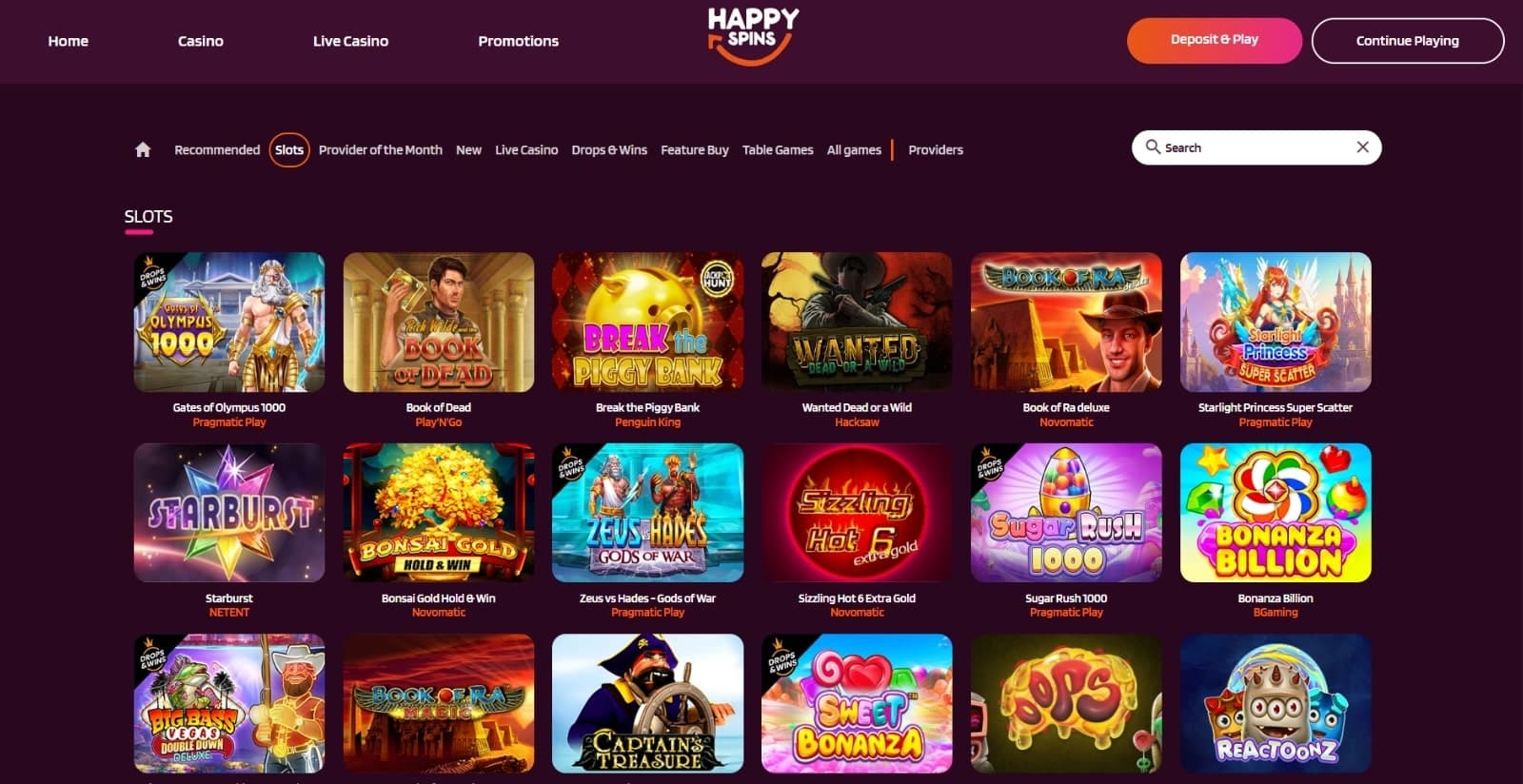 HappySpins Casino games page featuring slots such as Gates of Olympus and Wanted Dead or A wild  under game category tabs and search bar