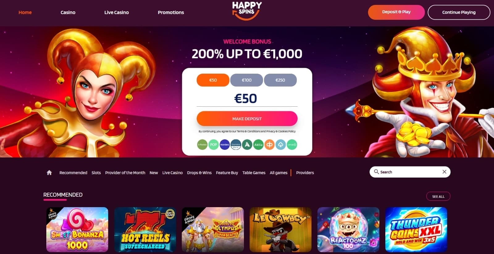 happySpins Casino's landing page featuring the pay n play signup box and the welcome bonus of 1000 euros with banner image of joker characters 