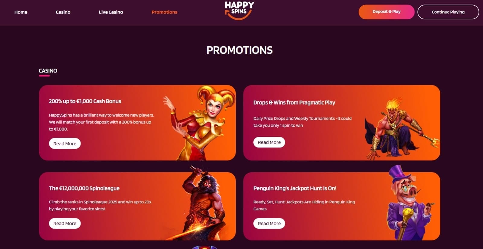 HappySpins Casino's promotions page featuring welcome, drops and wins and cashback bonuses