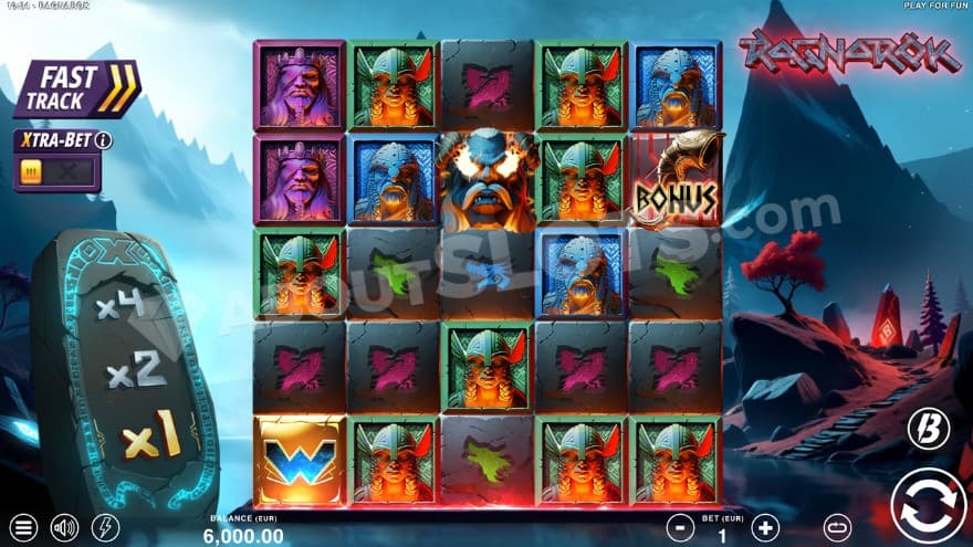 Base game with a win multiplier to the left of the reels.