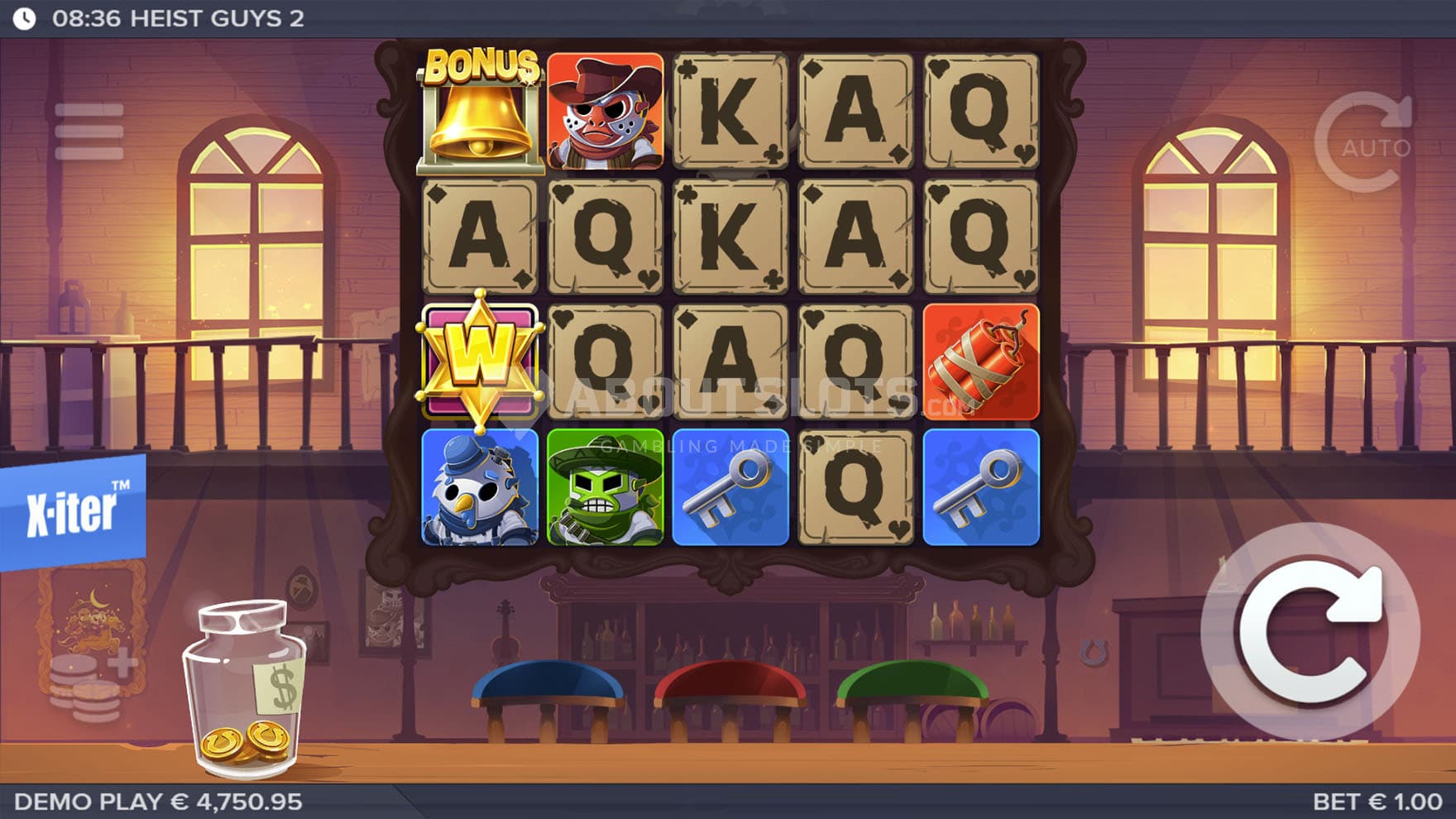 Base Game view of a 5x4 grid on a backdrop of a cartoony Wild West saloon.