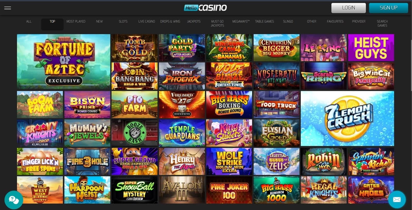 Hello Casino Games page with the top slots such as Fortune of Aztec and Tomb of Gold