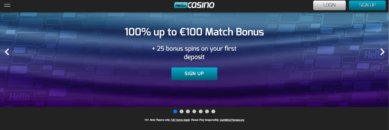 Hello Casino landing page featuring 100% first deposit bonus of 100 euros