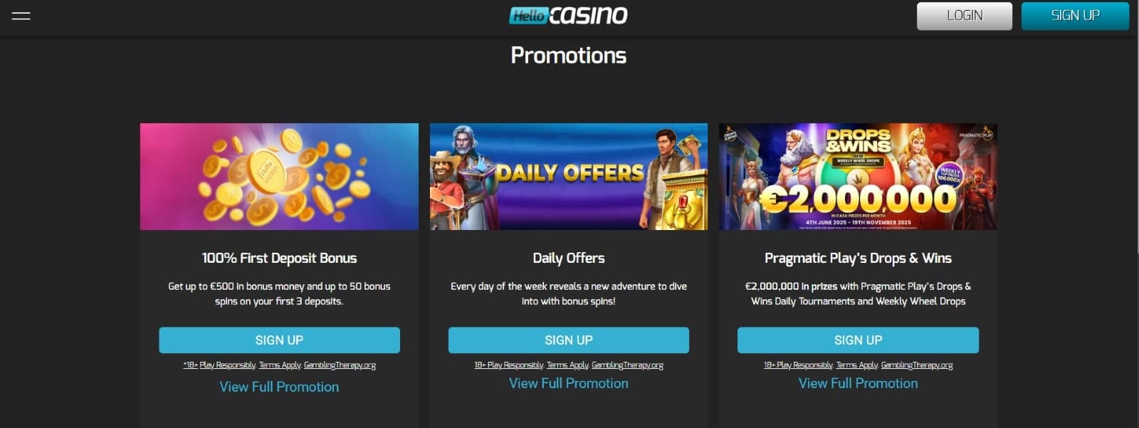 Hello Casino promotions page featuring welcome bonus and daily offers 