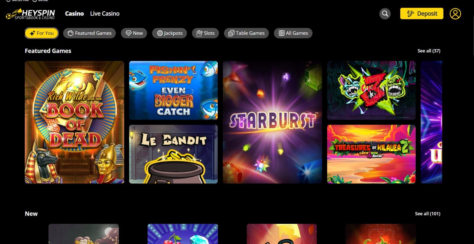 HeySpin casino games page with slot and table categories with colourful icons for featured and new  slots