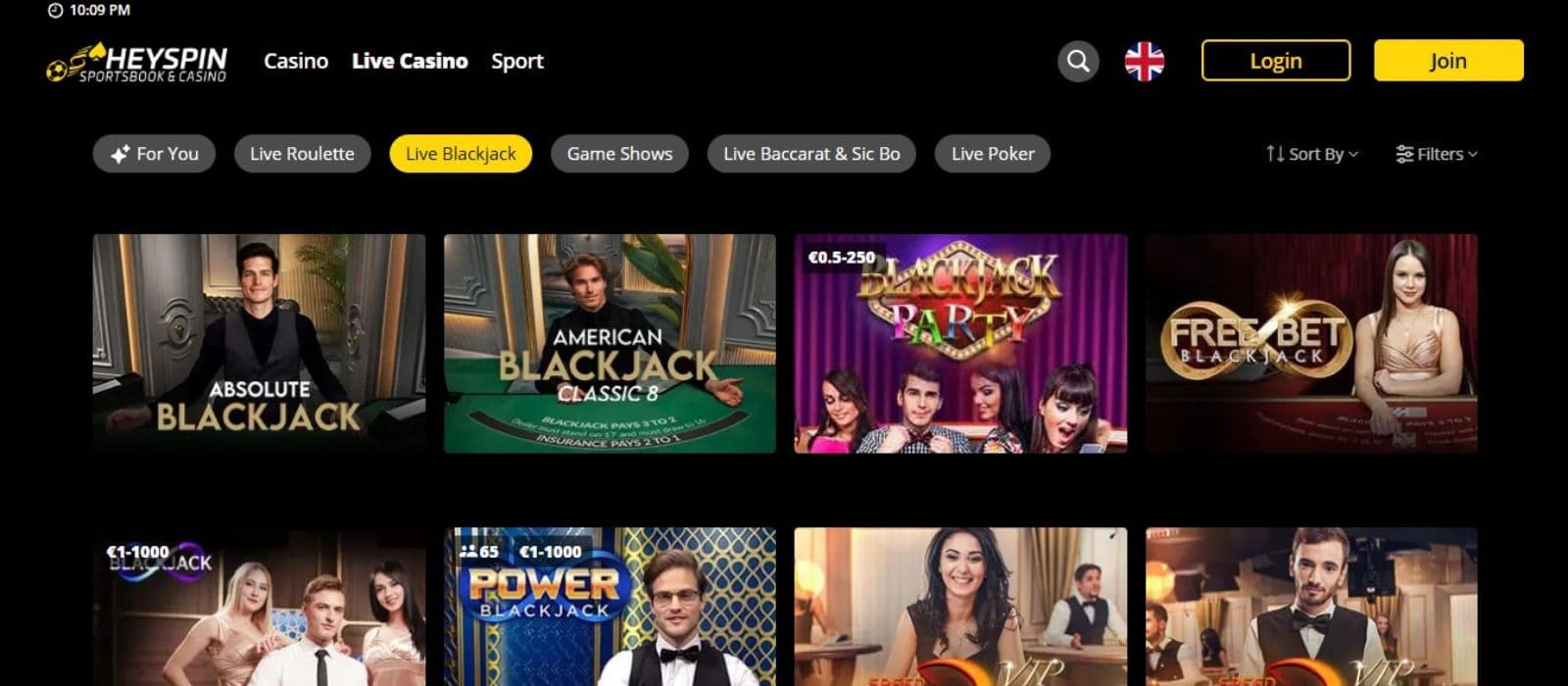 HeySpin Casino's live games category, showing variations of blackjack.