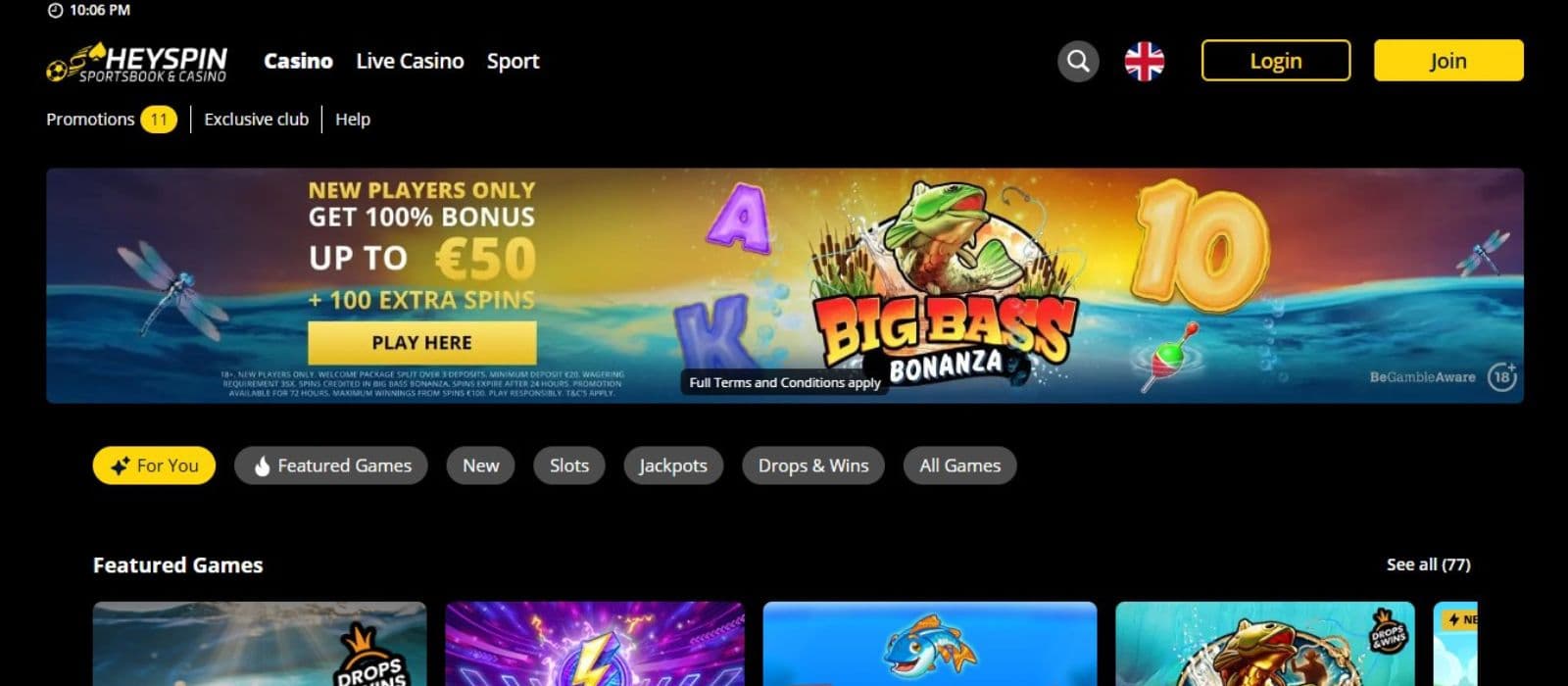 HeySpin Casino's homepage, showing the welcome package and game categories.